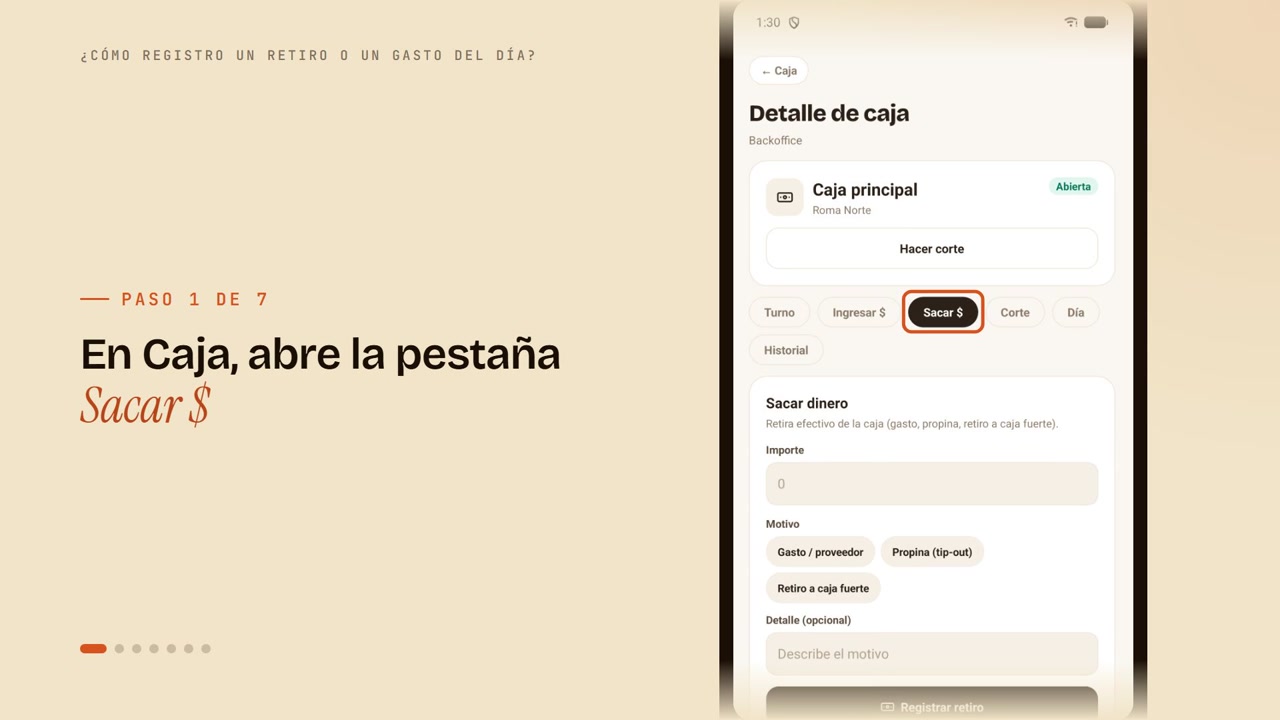 ¿Cómo registro un retiro o un gasto del día?